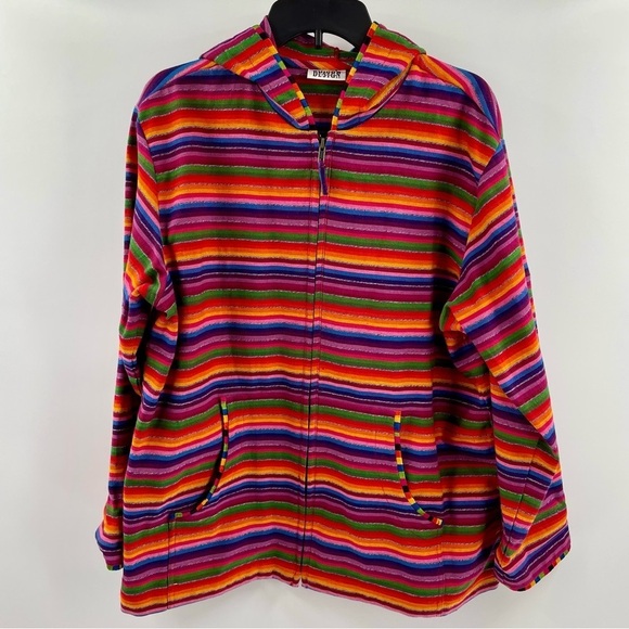 Chico's Design Vintage 100% Cotton Rainbow Striped Zip Pockets Hoodie Jacket - Picture 1 of 10